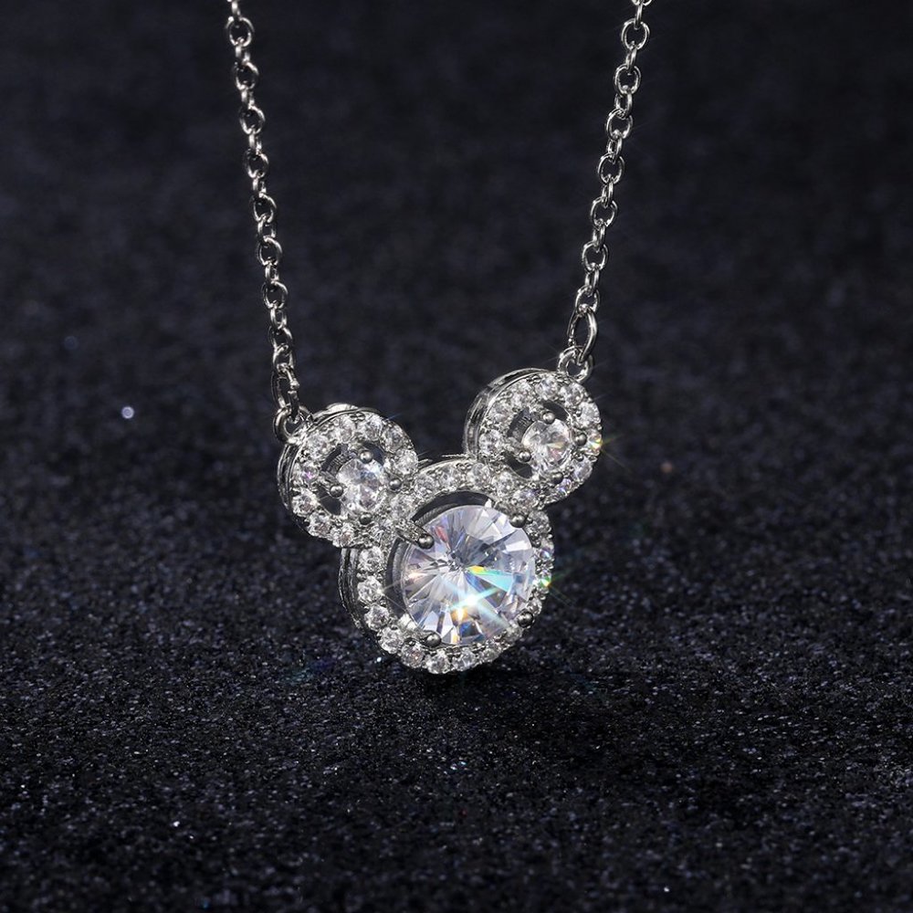NEW Silver Round Diamond Halo Mickey Mouse Necklace - Picture 4 of 5